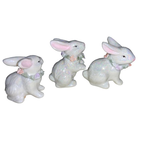 Easter Bunny Rabbits with Floral Wreaths Set of 3 - Picture 3 of 10